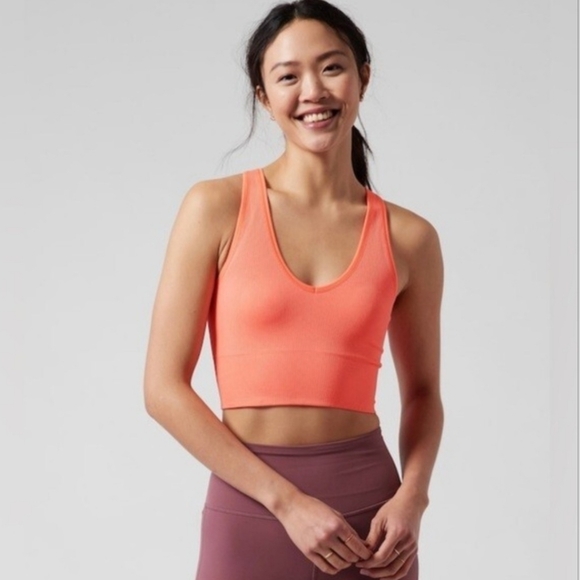 Athleta Aurora Seamless Ribbed Cropped Tank Top Neon Coral Size Small V Neck NWT - Picture 4 of 9